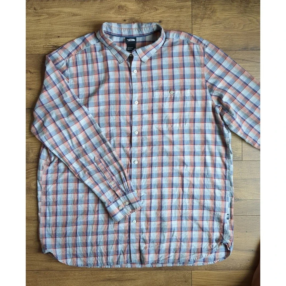 The North Face Shirt Mens 2XL Tan Red‎ Plaid Long Sleeve Button Down Outdoors